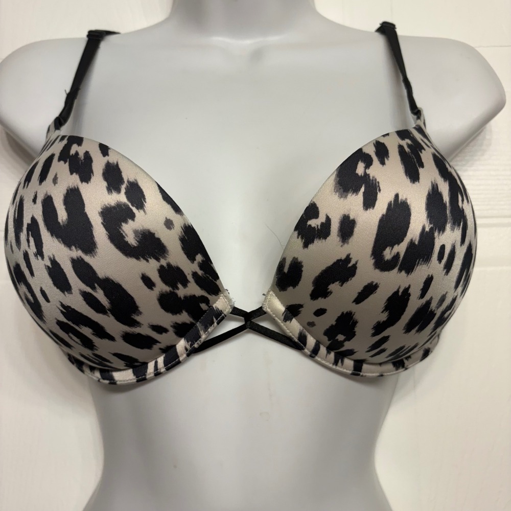 Victoria's Secret Plunge Bra Women 36B Grey Leopard Miraculous Super Push Up